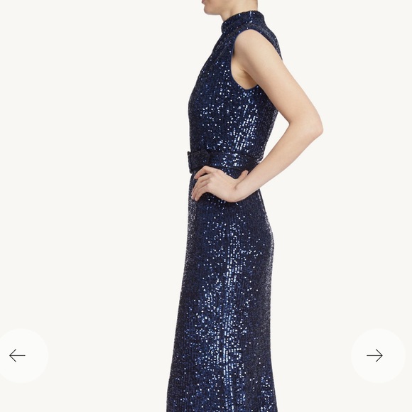 NWT Badgley Mischka Mock Neck Sapphire Sequined Gown with Belt - Picture 3 of 6